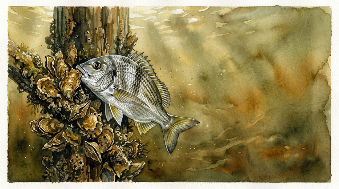 Watercolour of a yellowfin bream on oyster-covered estuary structure