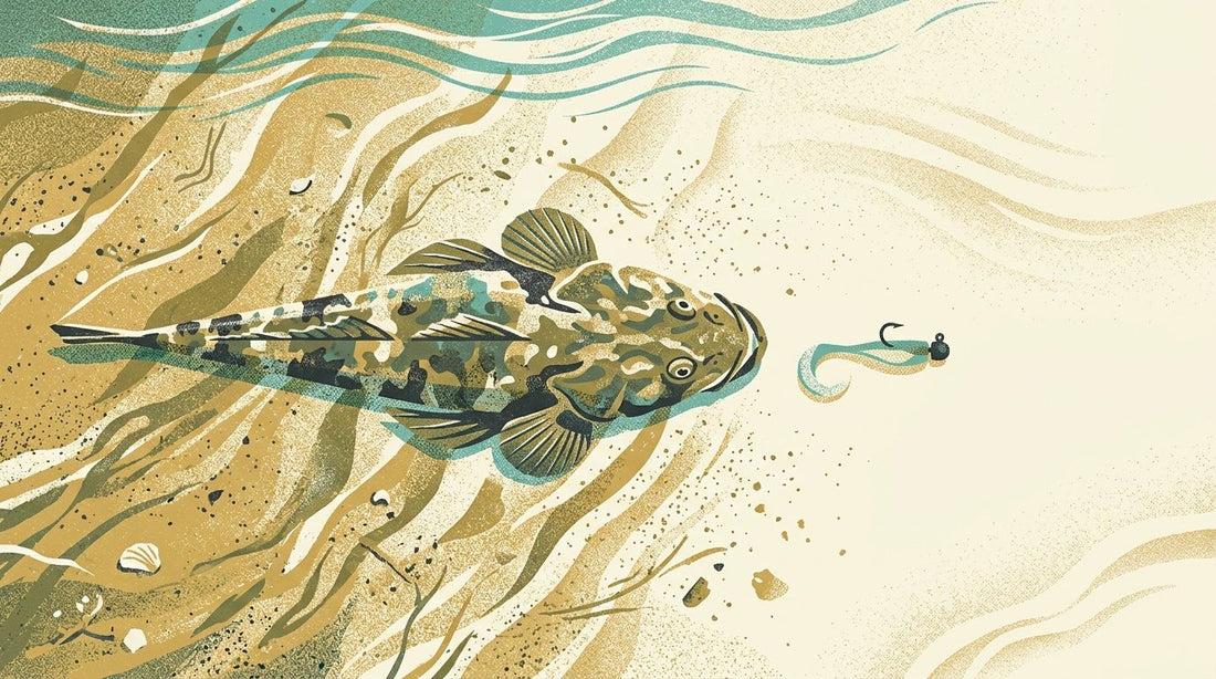 Graphic illustration of a dusky flathead on a sandy estuary bottom eyeing a soft plastic