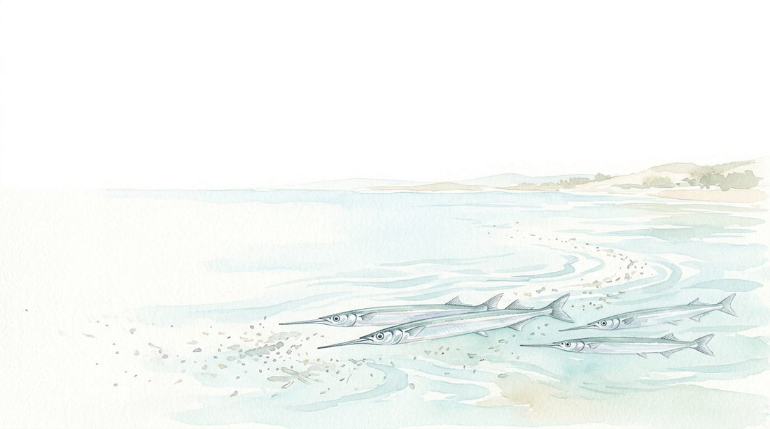 Delicate watercolour of garfish near the surface of a calm southern bay