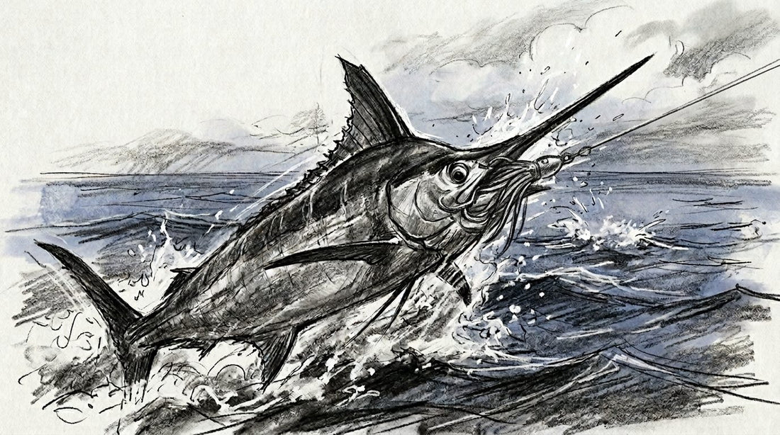 Charcoal sketch of a black marlin chasing a trolled lure in blue water