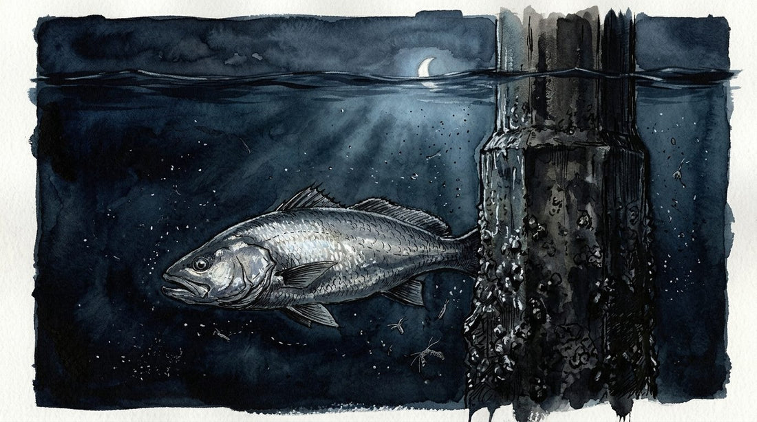 Moody watercolour of a mulloway beside a bridge pylon at night