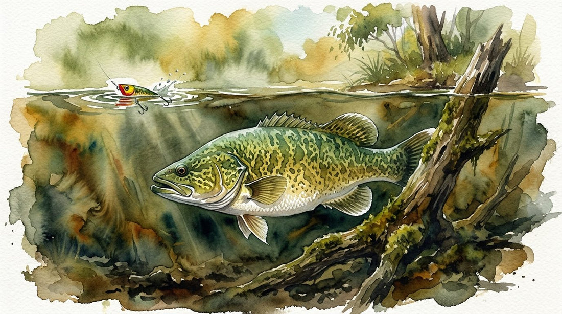 Watercolour of a Murray cod beside a submerged timber snag in an inland river