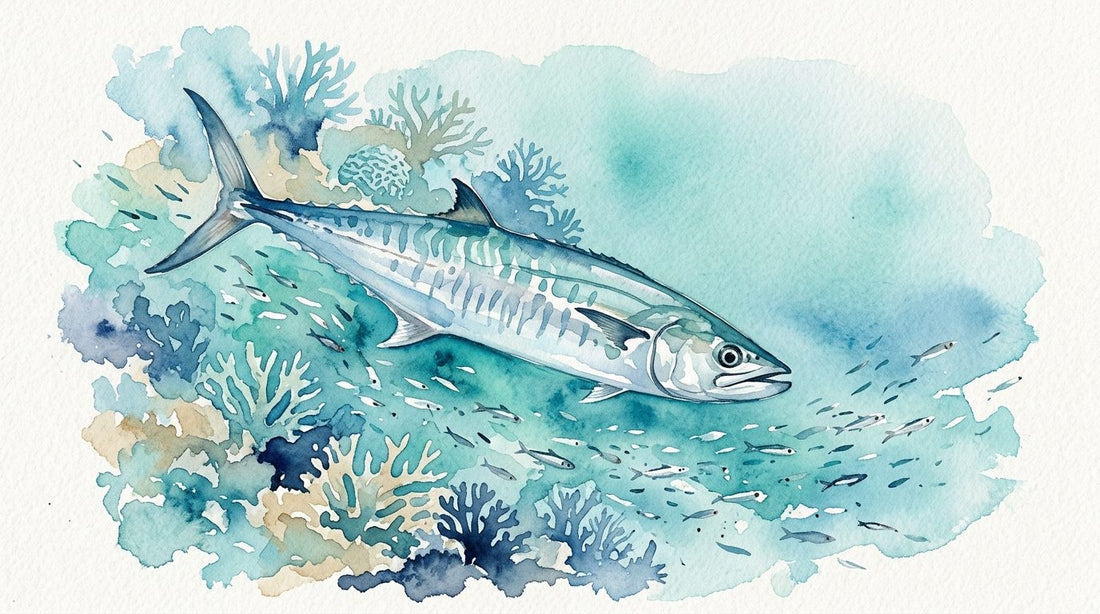 Watercolour of a Spanish mackerel sweeping over a tropical reef