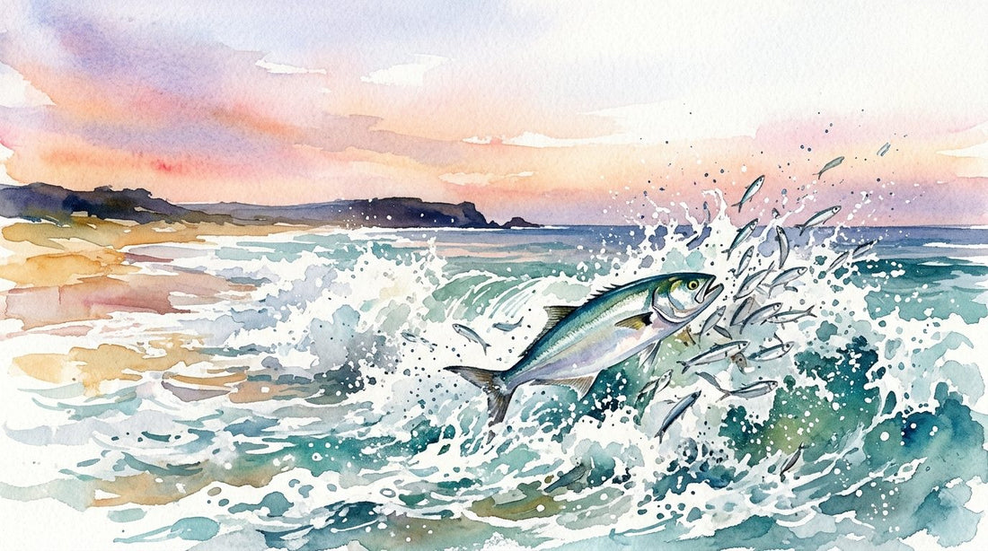 Watercolour of tailor busting baitfish in the wash of a surf beach at dawn