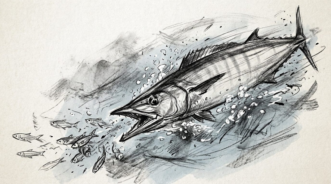 Charcoal sketch of a wahoo slashing through blue water