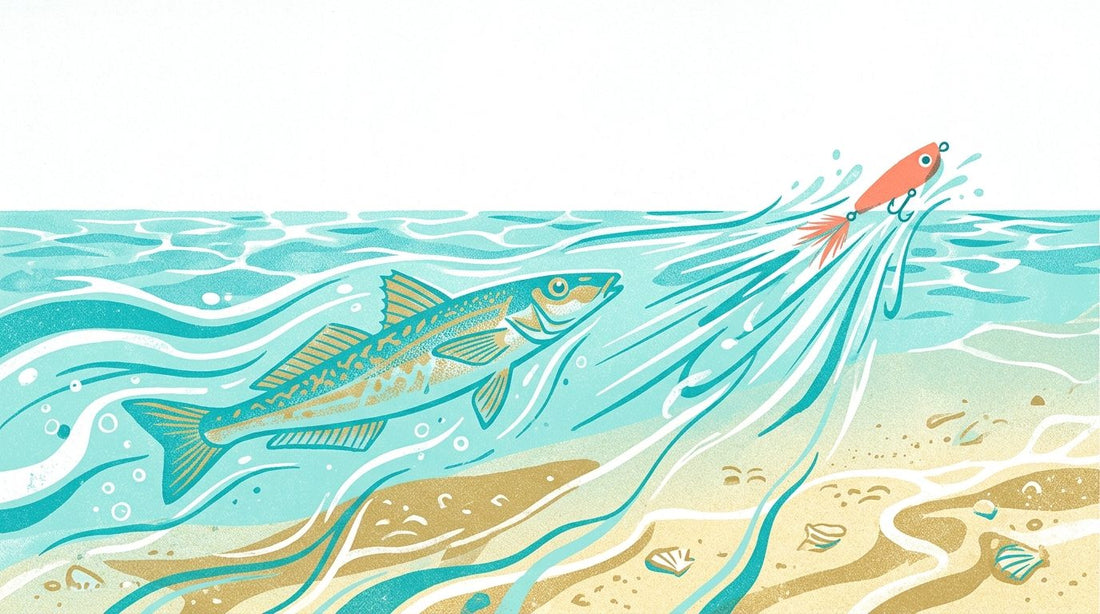 Graphic illustration of a sand whiting chasing a surface popper on the flats