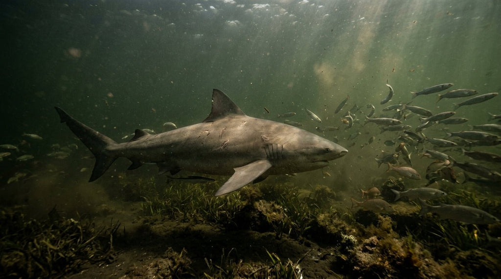 Bull shark swimming in an Australian estuary — the inspiration for The Noah cap