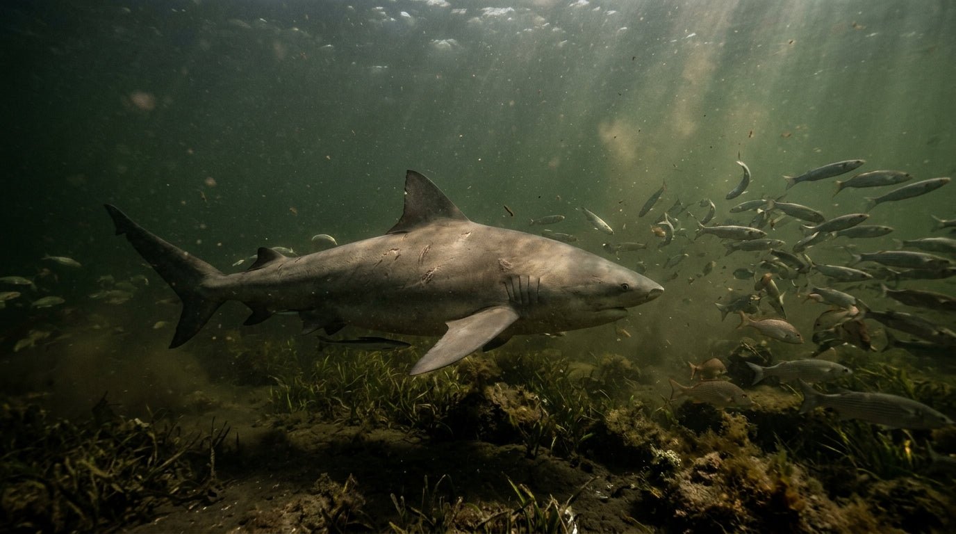 Bull shark swimming in an Australian estuary — the inspiration for The Noah cap