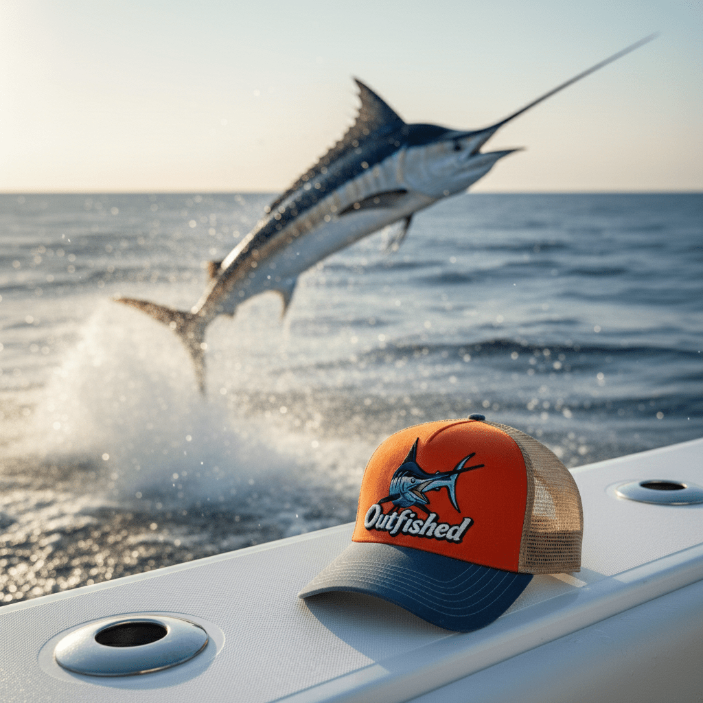 Marlin breaching offshore — the inspiration behind The Bill marlin fishing cap