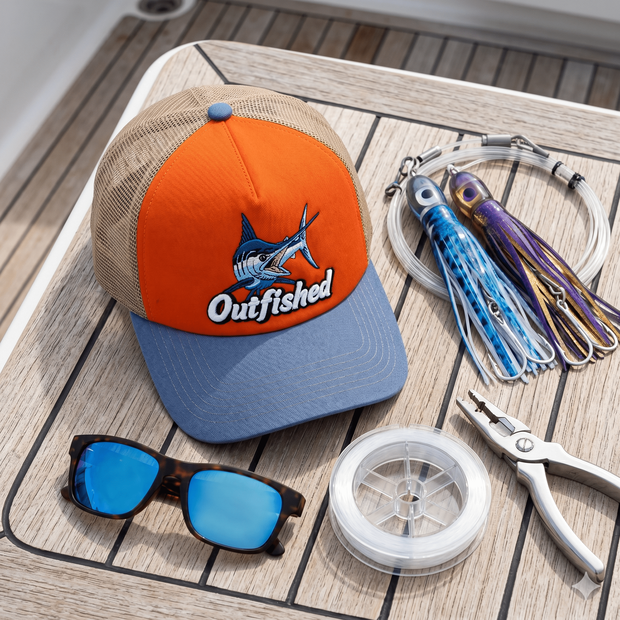 The Bill marlin fishing cap on a boat deck with sunglasses, lure and trace