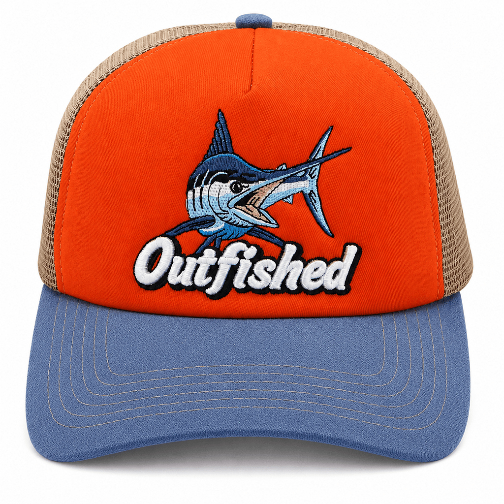 Front view of The Bill marlin fishing trucker cap with embroidered marlin artwork