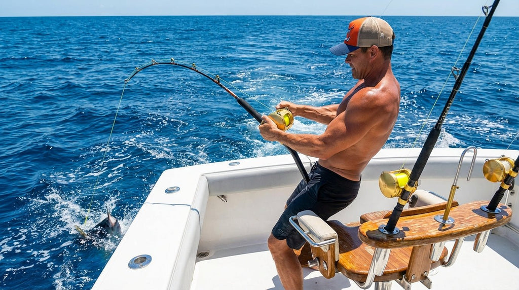 Man wearing The Bill marlin fishing cap on a game boat offshore
