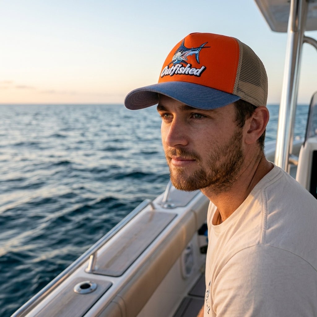 Man wearing The Bill marlin fishing cap at sunset offshore