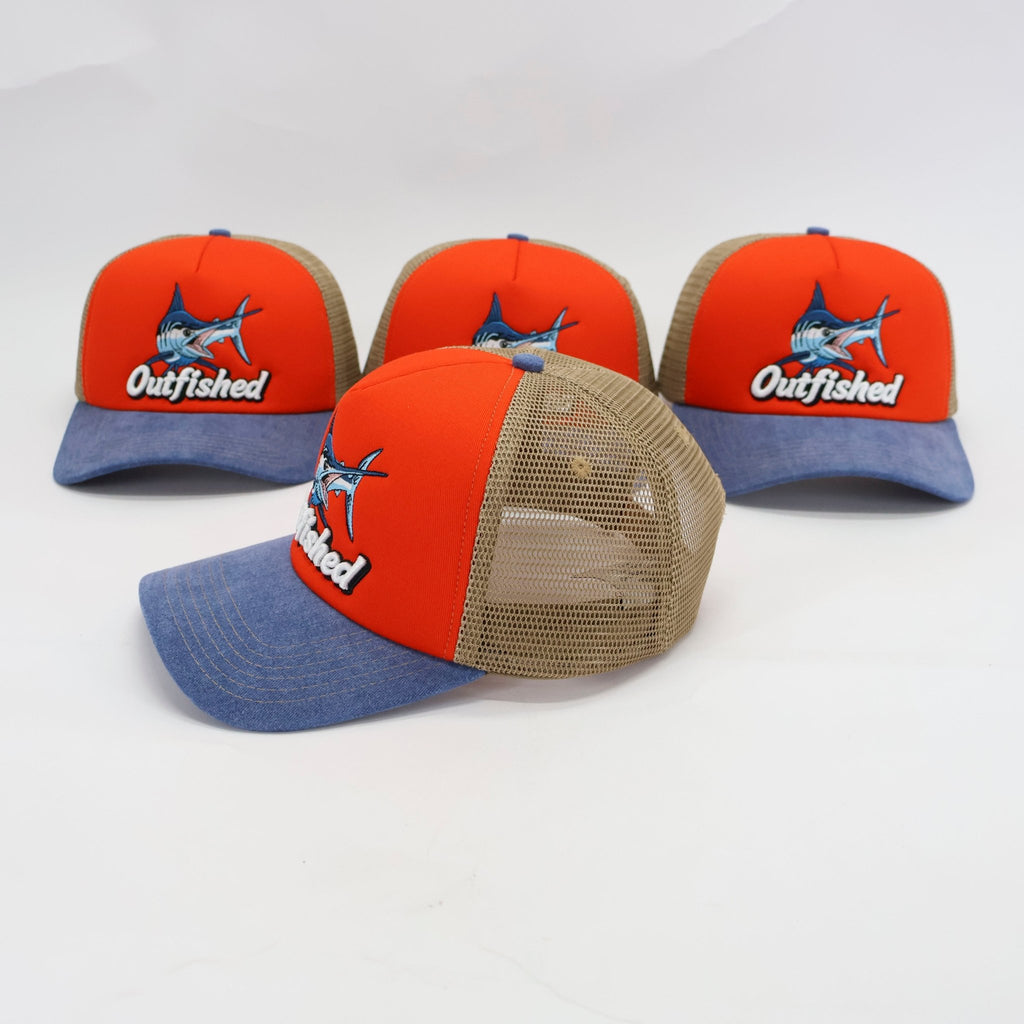 Three Bill marlin fishing trucker caps – front and angled views