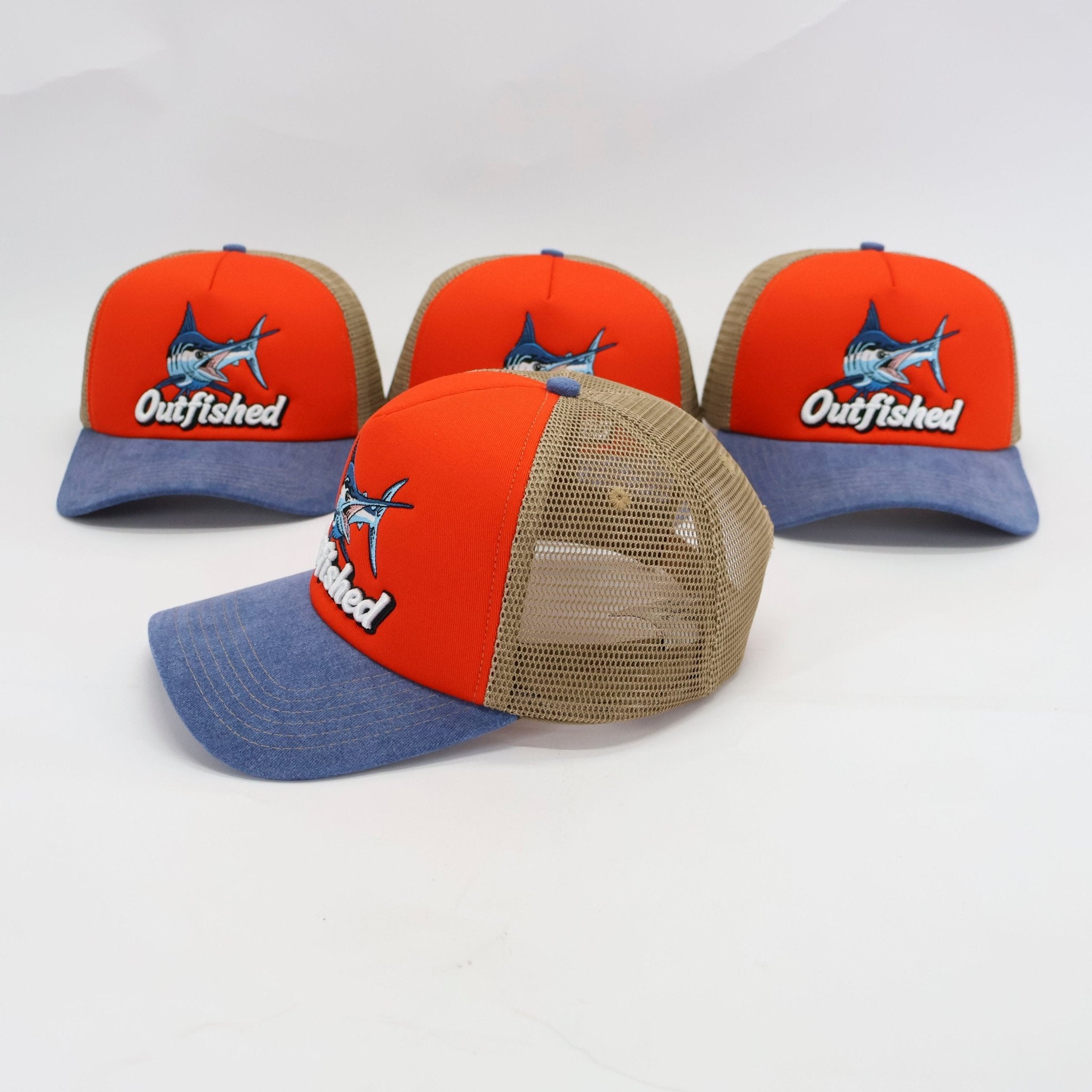 Three Bill marlin fishing trucker caps – front and angled views