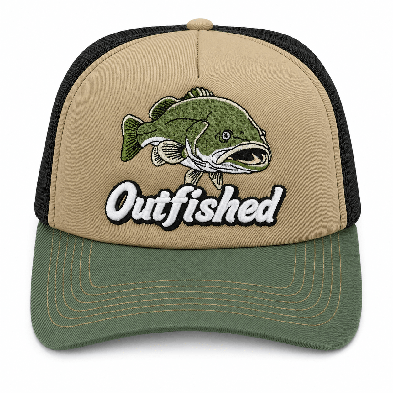 Front view of The Goodoo Murray cod fishing trucker cap with embroidered cod artwork