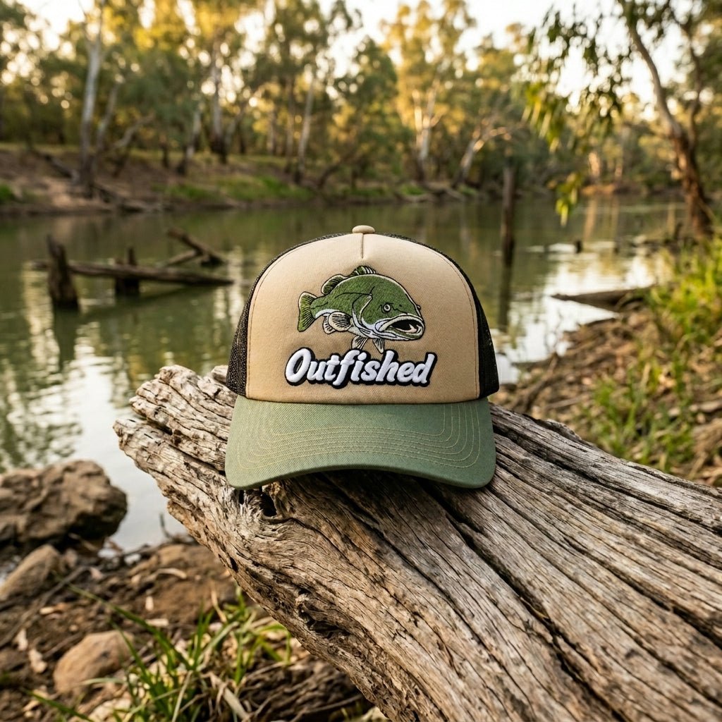 The Goodoo Murray cod fishing cap on a weathered log among river gum trees