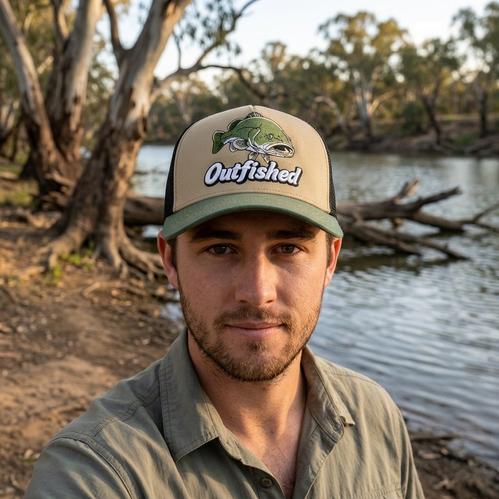 Man wearing The Goodoo Murray cod fishing cap by an inland river