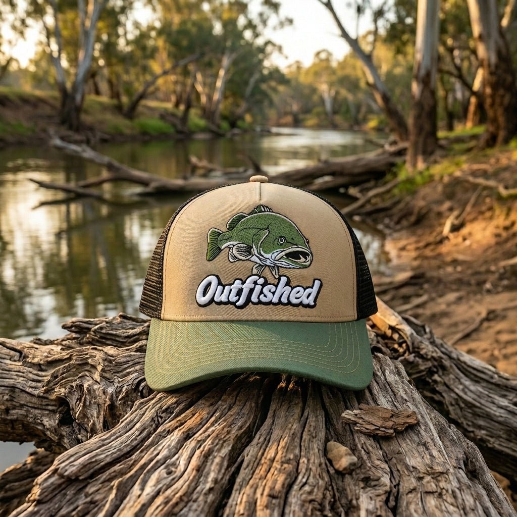 The Goodoo Murray cod fishing trucker cap on a river log in the Australian bush