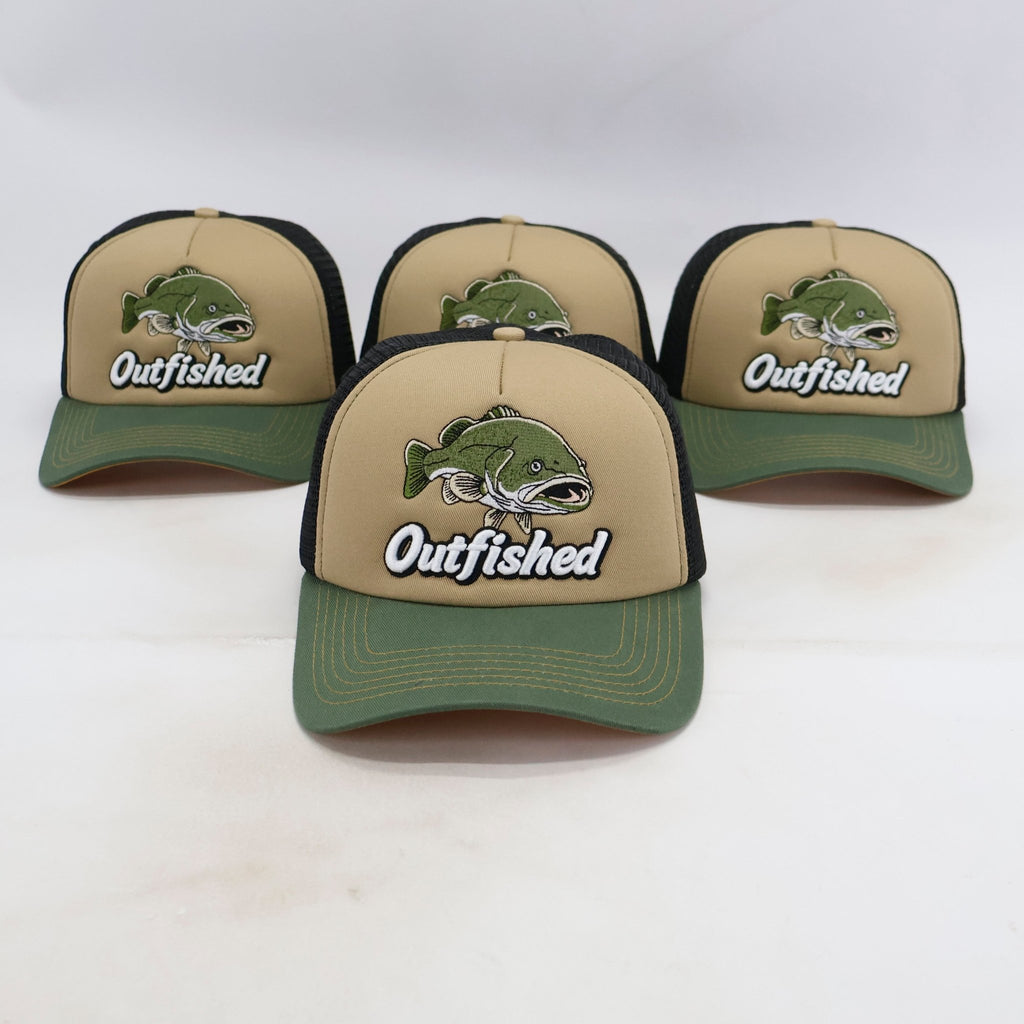 Four Goodoo Murray cod fishing trucker caps lined up – front view