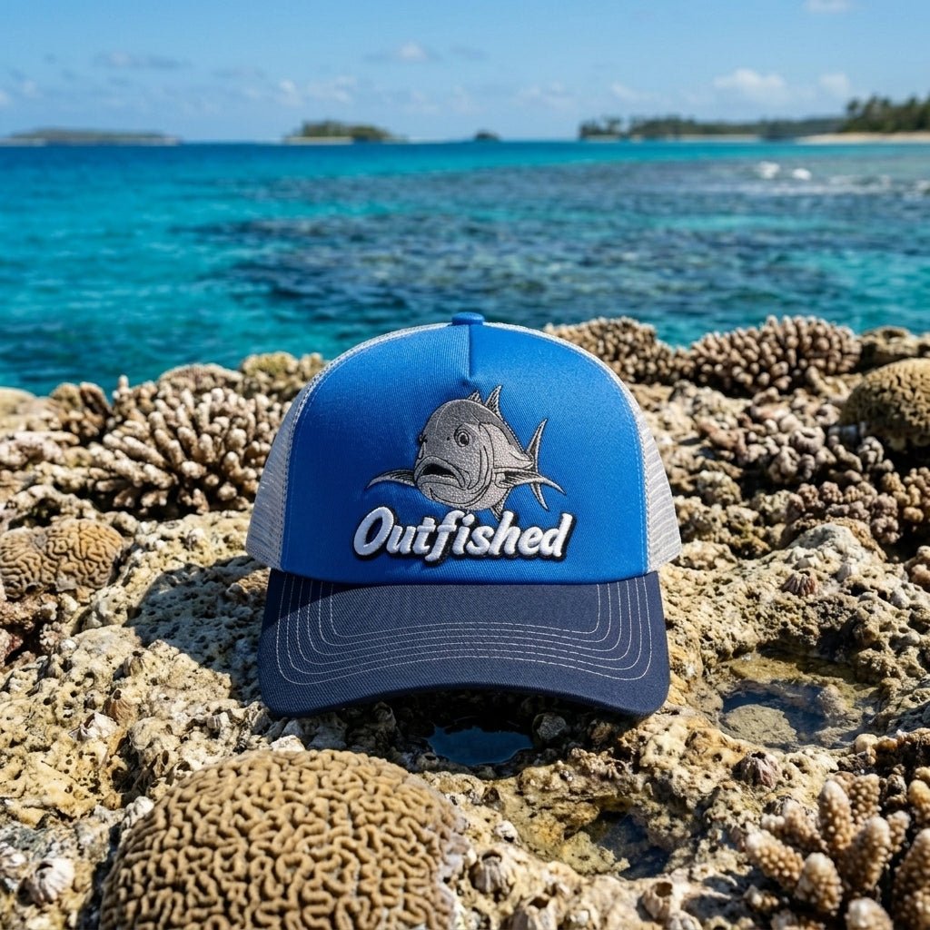 The GT giant trevally fishing trucker cap on tropical coral reef