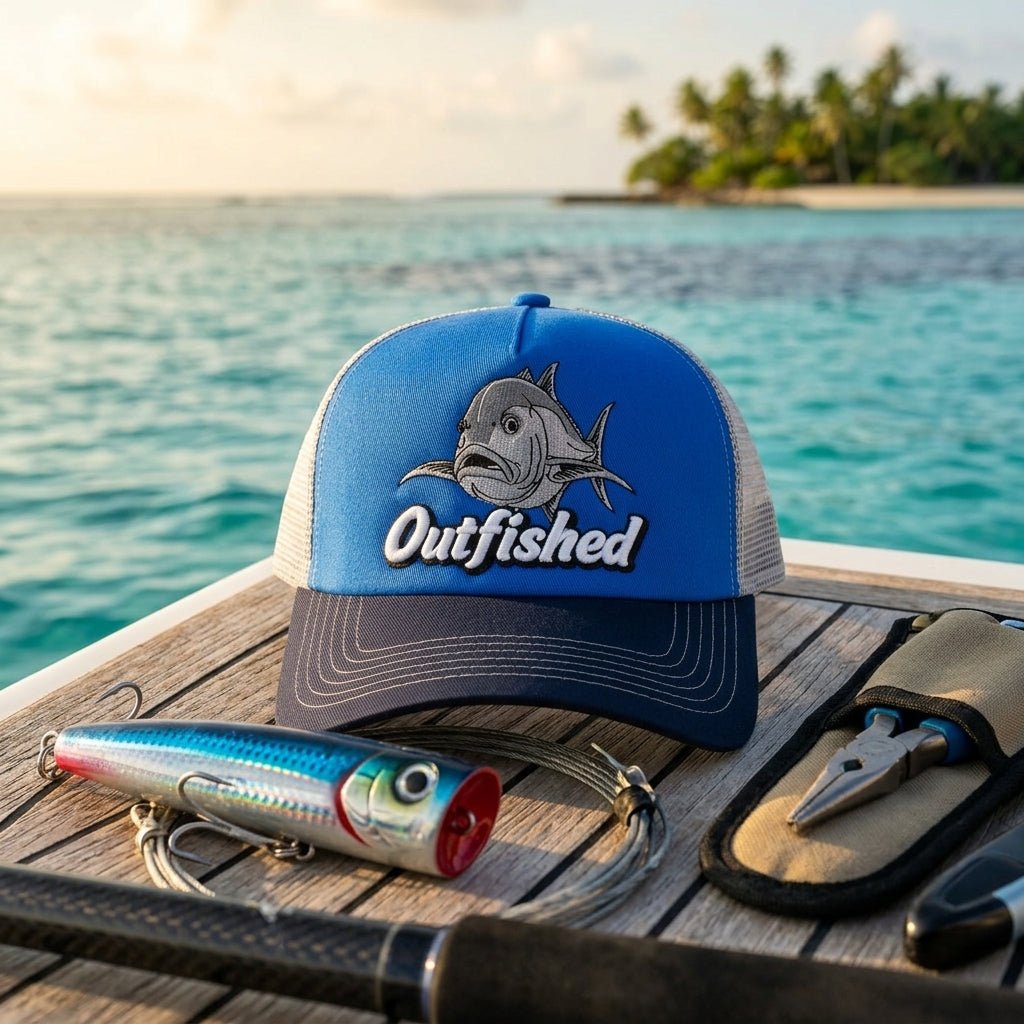 The GT giant trevally fishing cap with tropical island backdrop