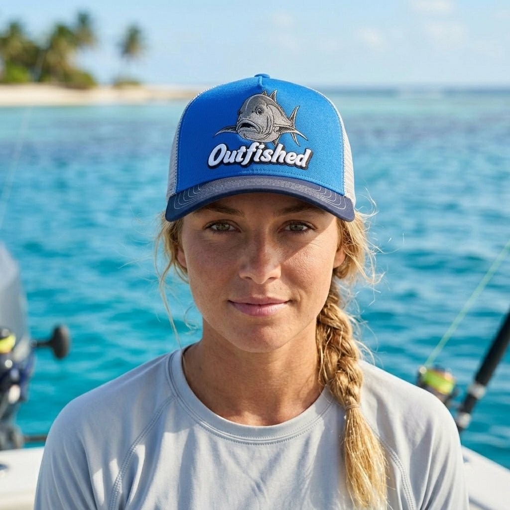 Woman wearing The GT giant trevally fishing cap at a tropical beach
