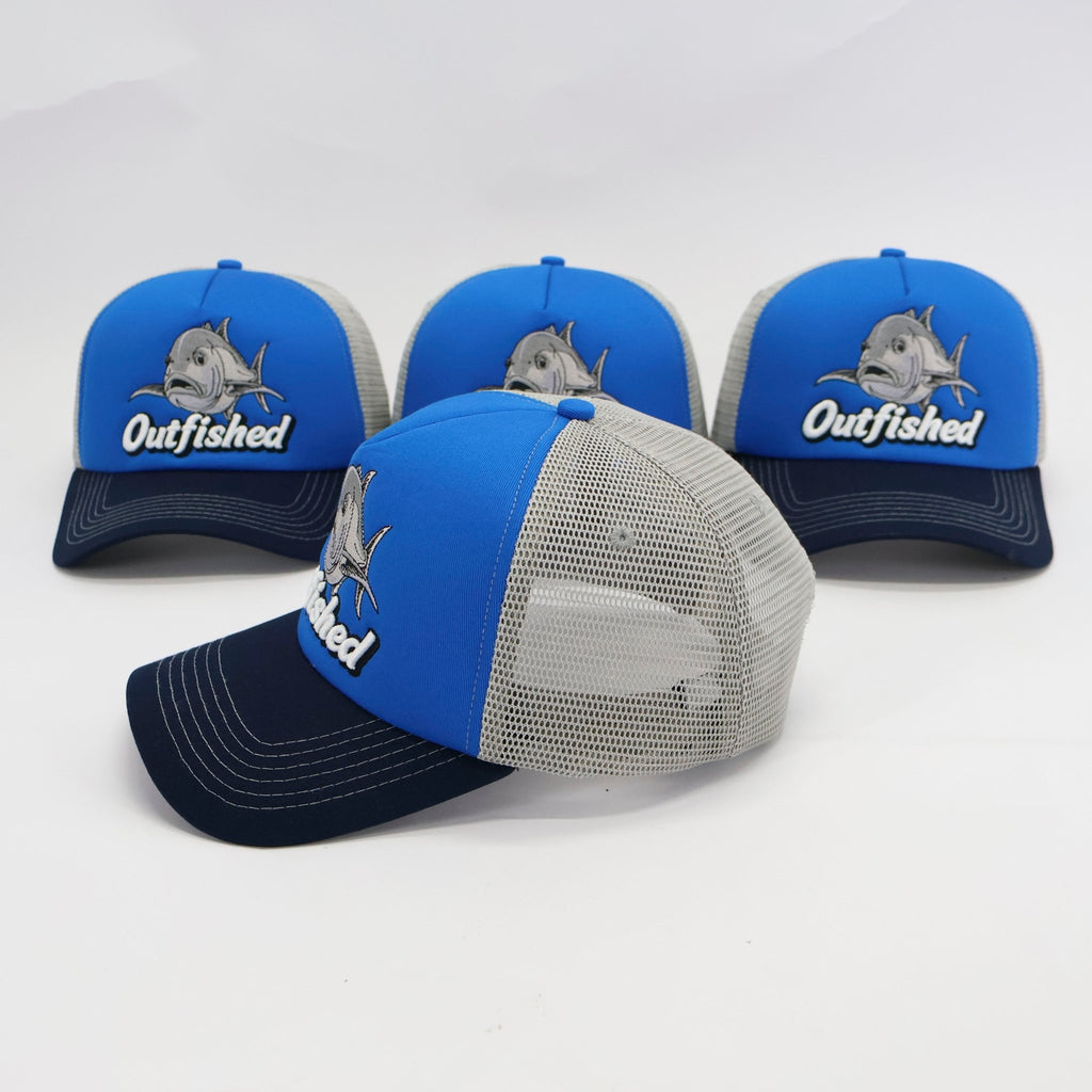 Four GT giant trevally fishing trucker caps lined up – front view