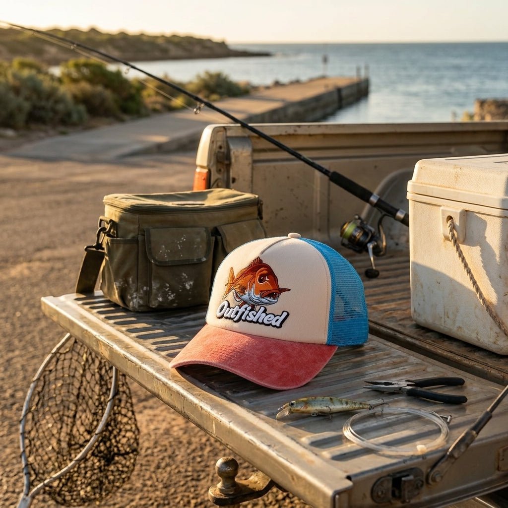 The Knobby snapper fishing cap on a ute tray with rods and a headland behind 