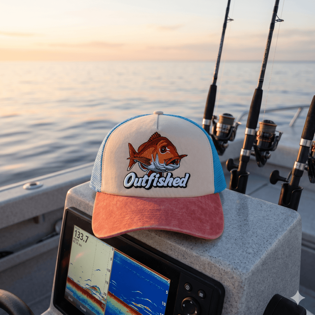 The Knobby snapper fishing cap on a boat with rods and sounder at sunset, ready to drop