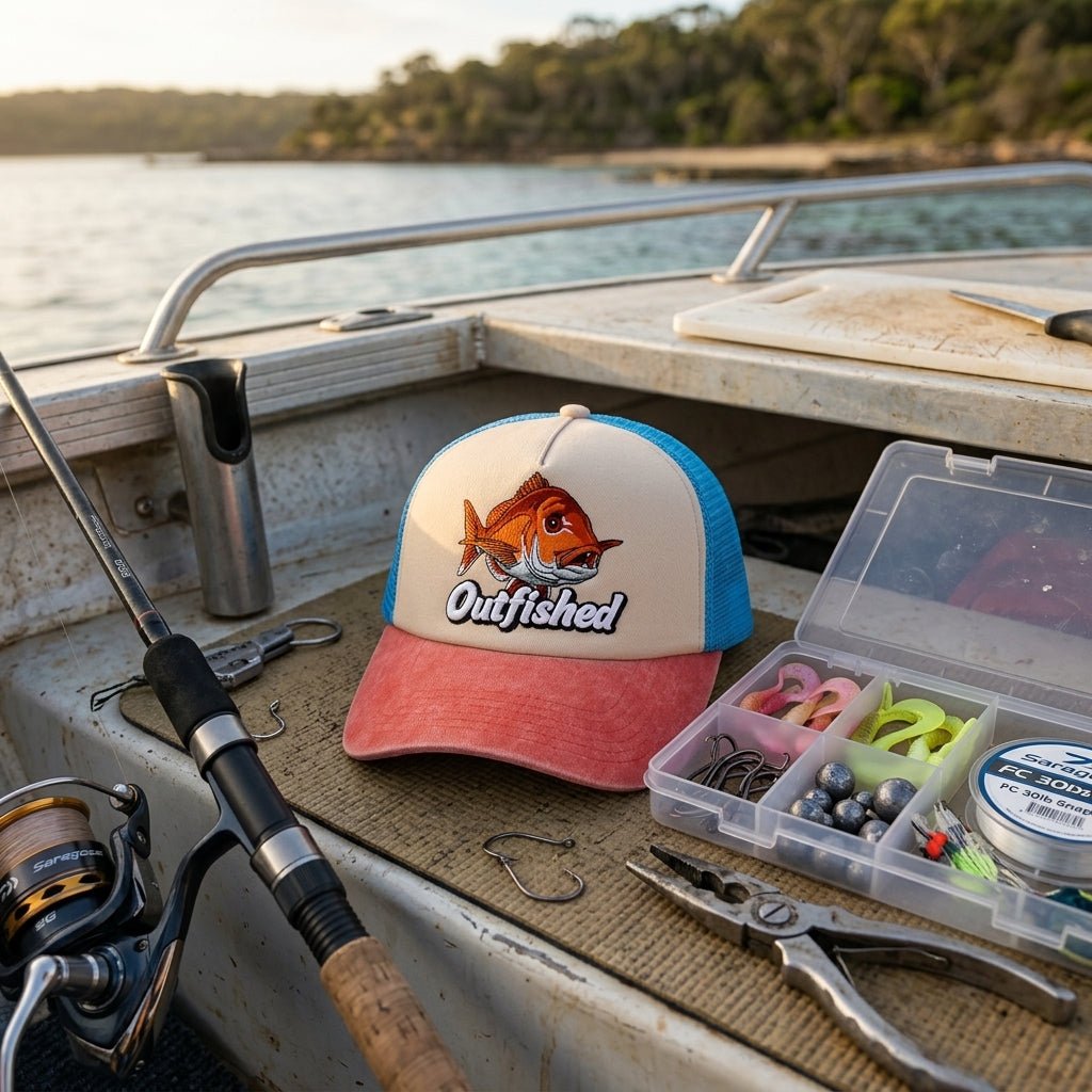 The Knobby snapper fishing cap on a boat deck beside an open lure tackle box