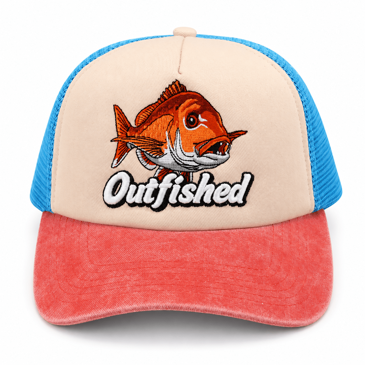 Front view of The Knobby snapper fishing trucker cap with embroidered snapper artwork