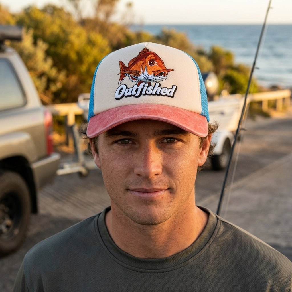 Man wearing The Knobby snapper fishing cap at the boat ramp