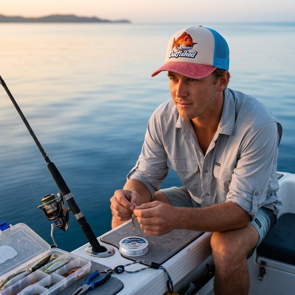 Man wearing The Knobby snapper fishing cap rigging up tackle on a boat