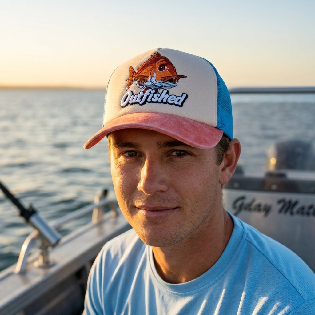 Man wearing The Knobby snapper fishing cap at sunset on the water