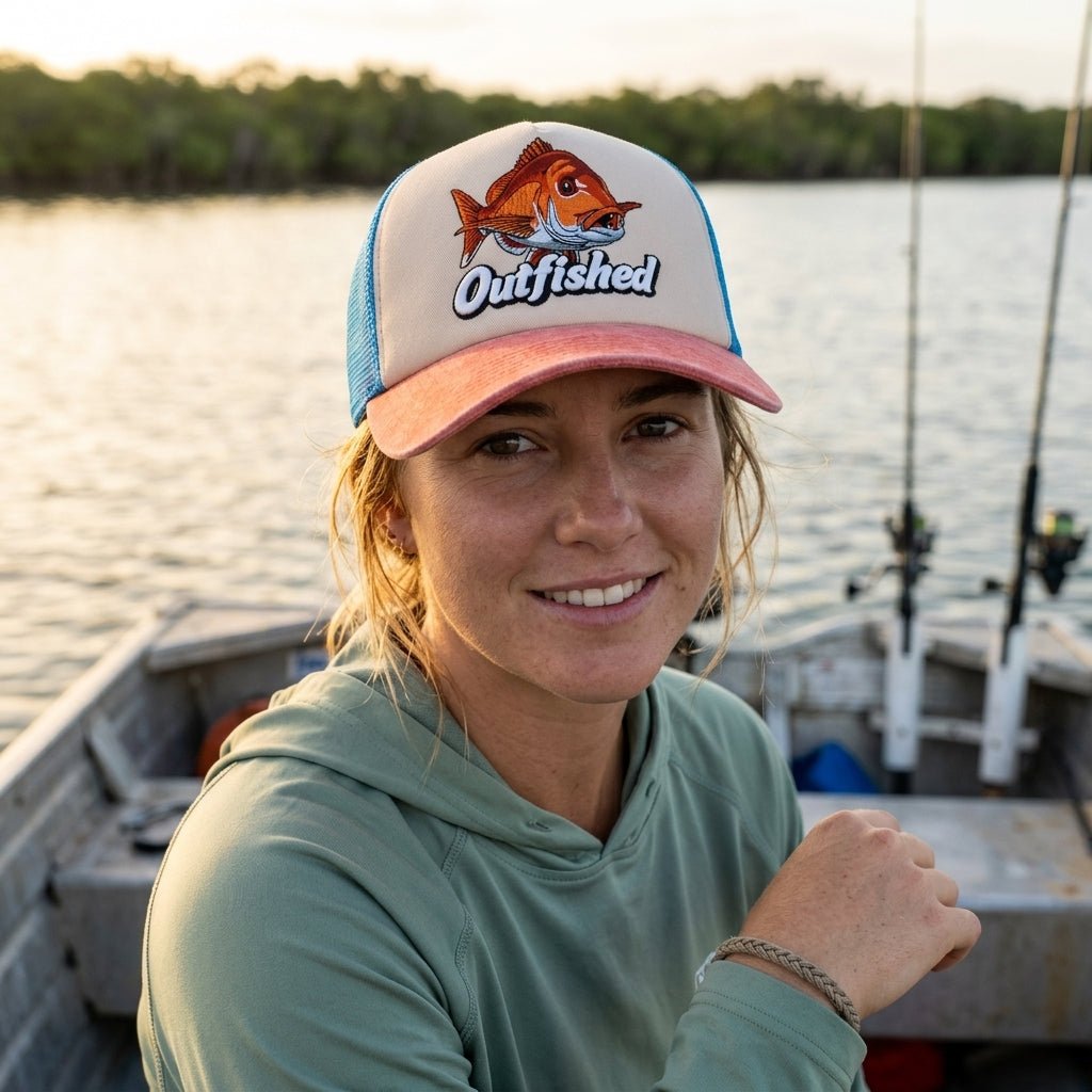 Woman wearing The Knobby snapper fishing cap in a tinny on the water