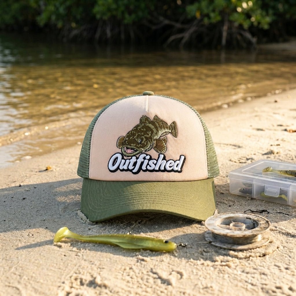 The Lizard flathead fishing trucker cap on an estuary sandbank with soft plastic lure