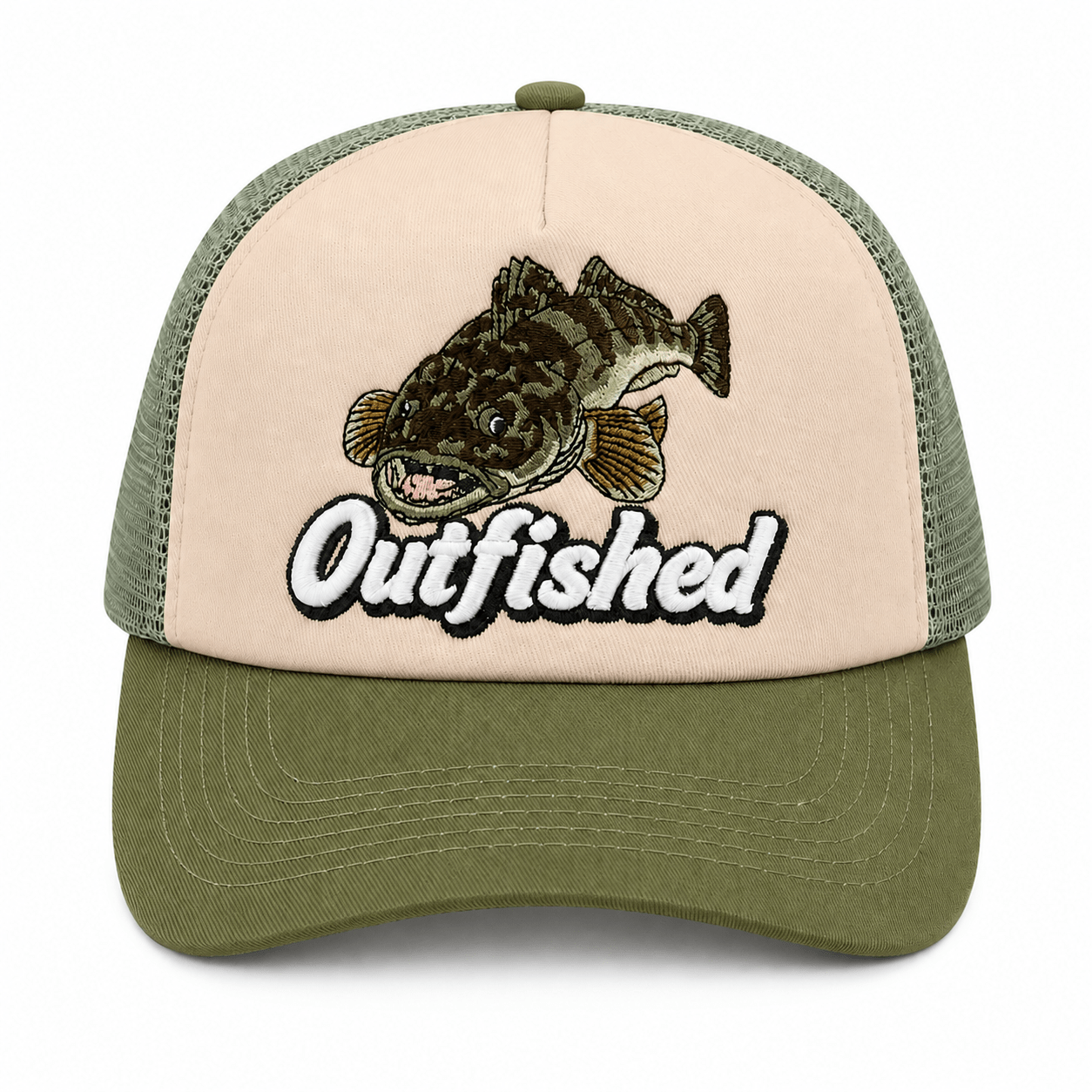 Front view of The Lizard flathead fishing trucker cap with embroidered flathead artwork