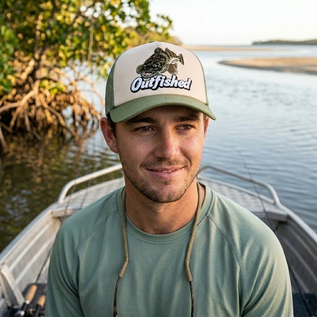 Man wearing The Lizard flathead fishing cap in a tinny by mangroves