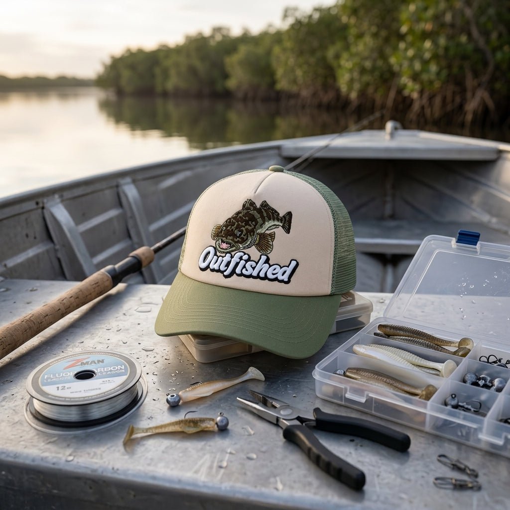 The Lizard flathead fishing cap in a tinny with rod, reel and tackle