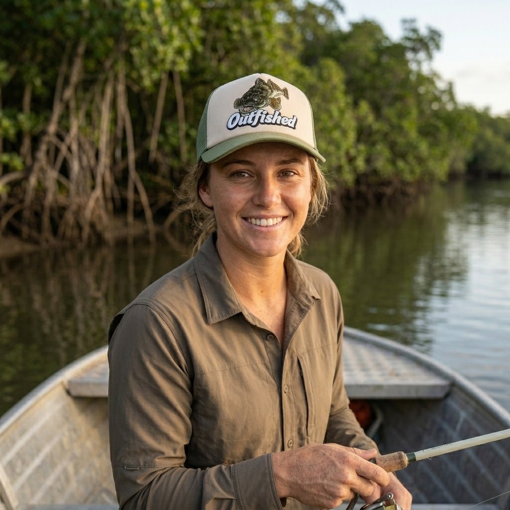 Woman wearing The Lizard flathead fishing cap in a tinny by mangroves