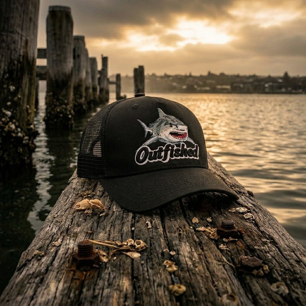 The Noah bull shark fishing trucker cap on weathered jetty piling at sunset