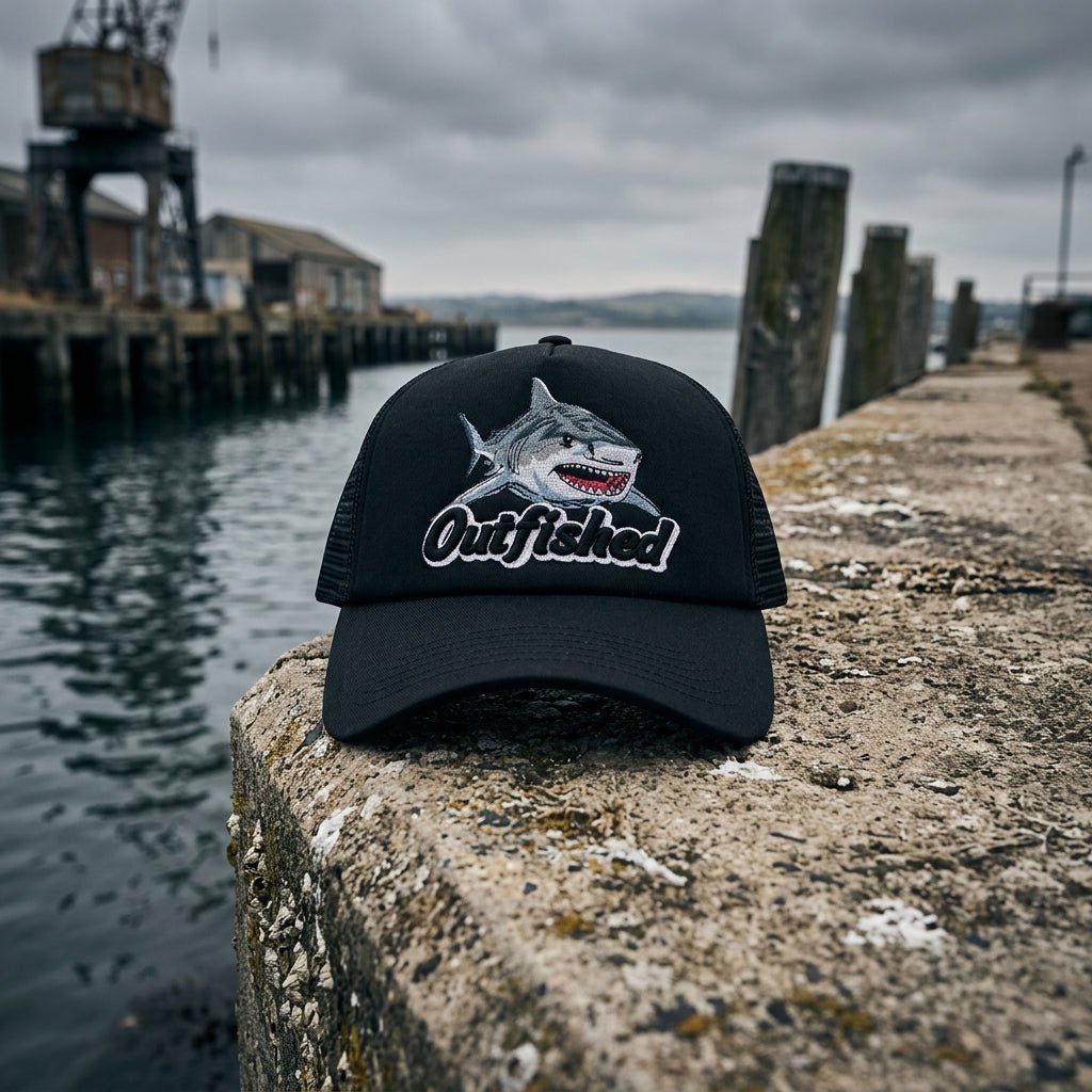 The Noah bull shark fishing trucker cap on a jetty wall by the water