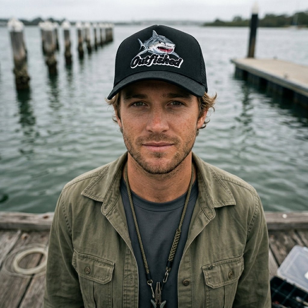 Man wearing The Noah bull shark fishing cap by a river jetty at dusk