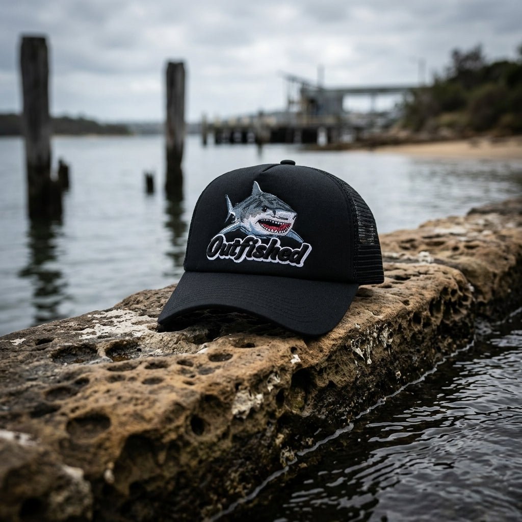The Noah bull shark fishing trucker cap on rocks beside an estuary