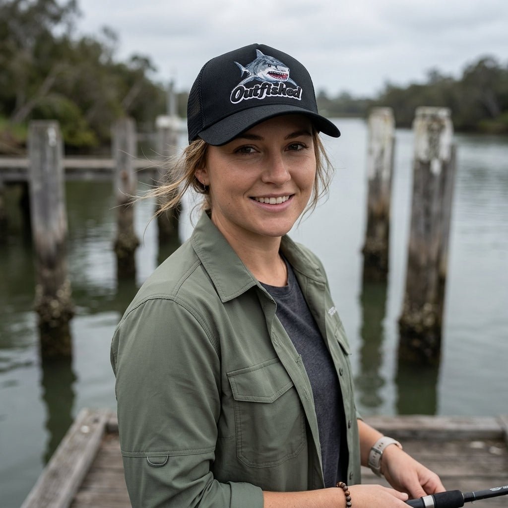 Woman wearing The Noah bull shark fishing cap at a jetty with wooden pilings