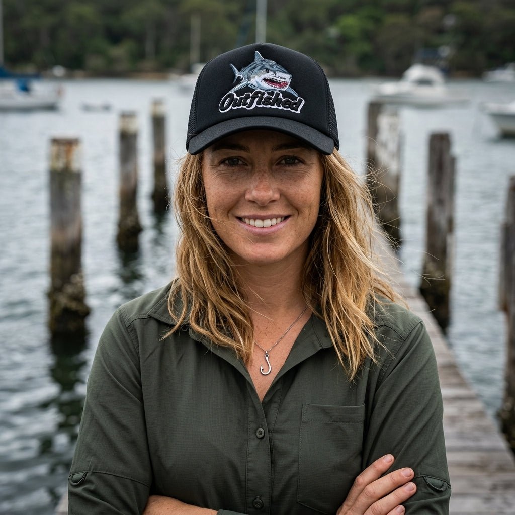 Woman wearing The Noah bull shark fishing cap by an Australian estuary